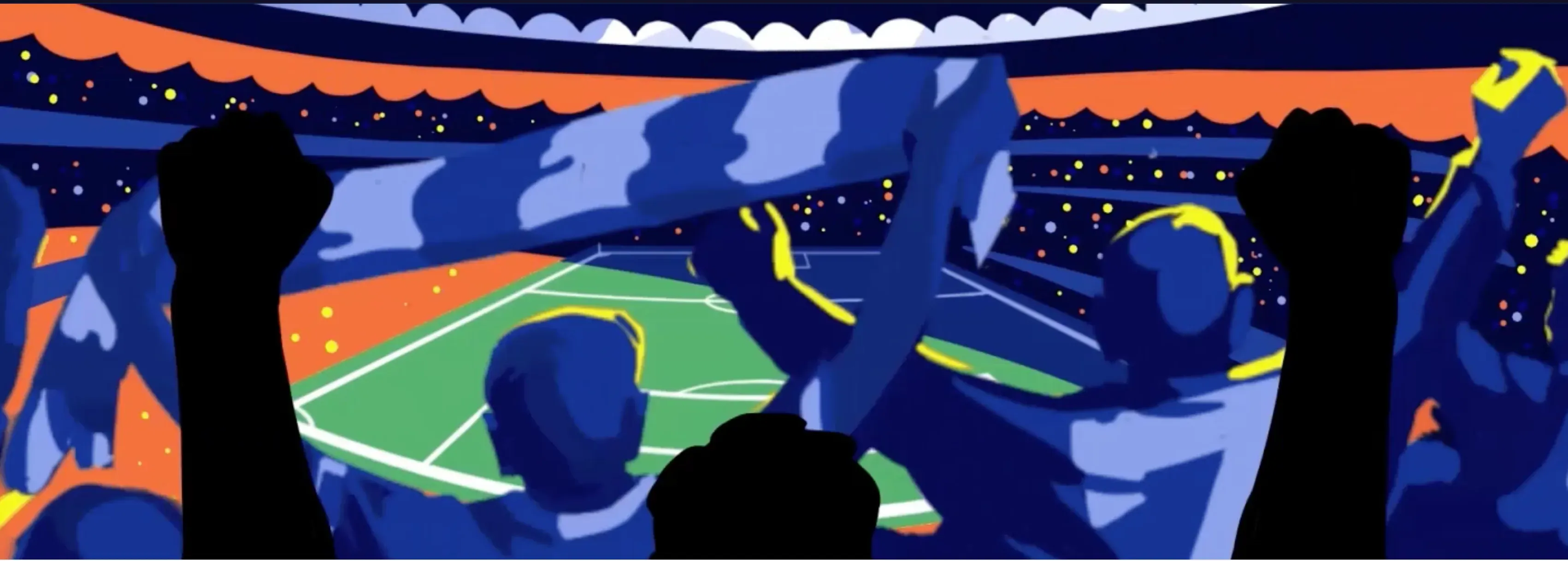 Abstrakti vektorigrafiikka jalkapalloilijasta, joka potkaisee palloa maaliin Tikitaka Kasinon brändiväreissä.